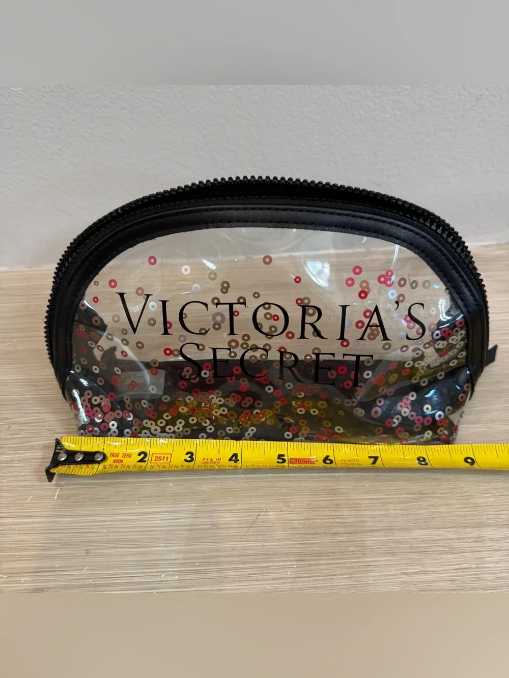 Victoria's Secret Clear Cosmetic Pouch with Red, Gold, White & Black Sequins